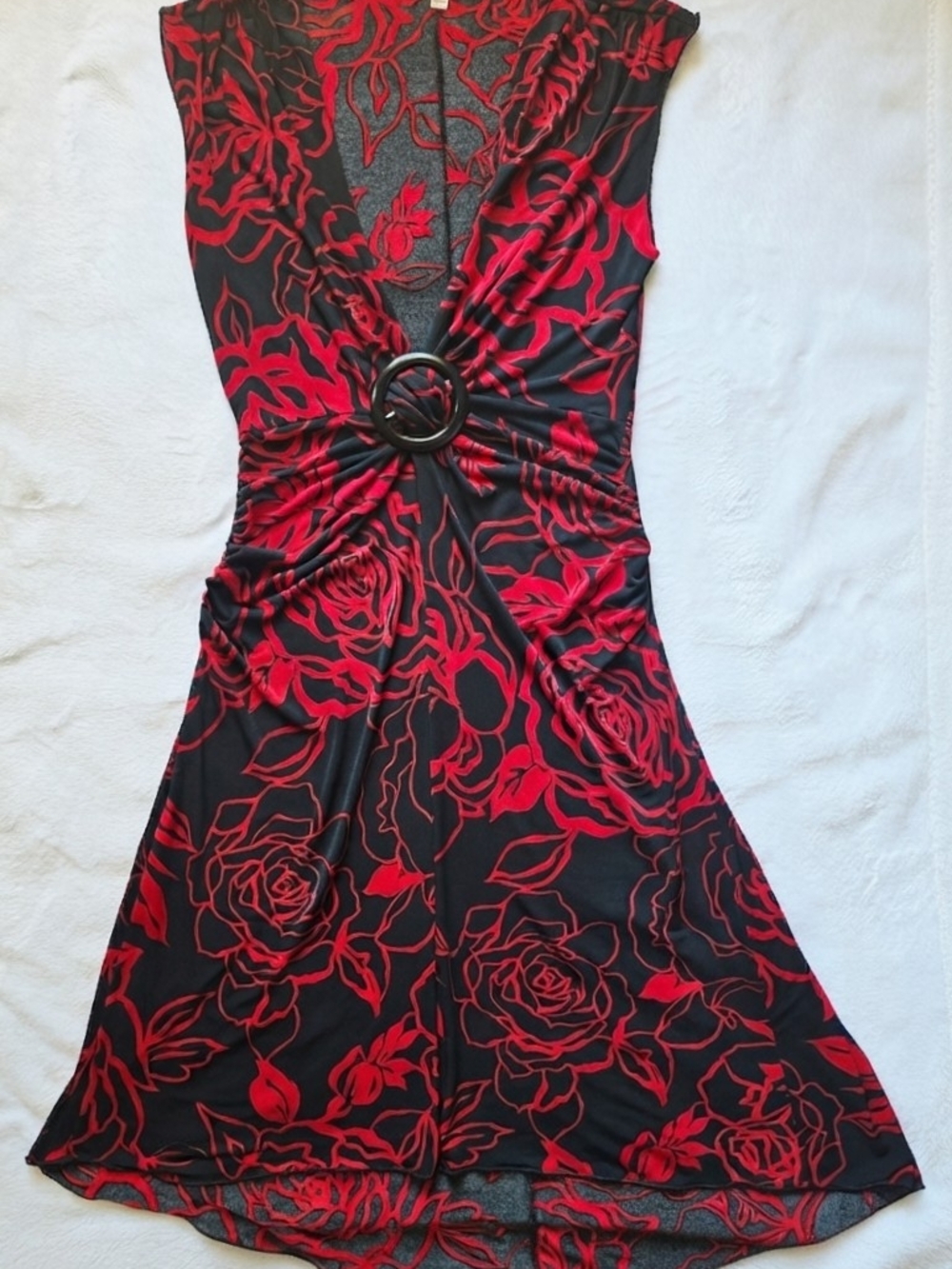 Vintage/Y2K Candie's Black  Dress with Red Floral Print and O-Ring Detail